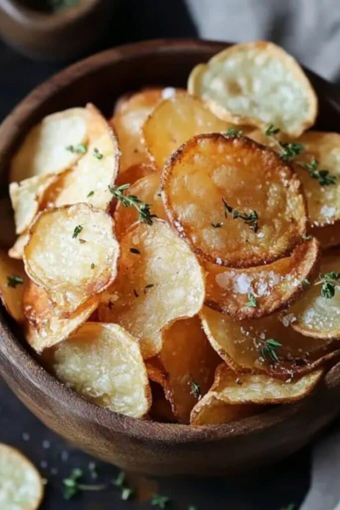 Crispy homemade potato chips in a bowl, garnished with fresh herbs and sea salt. Perfect savory snack.