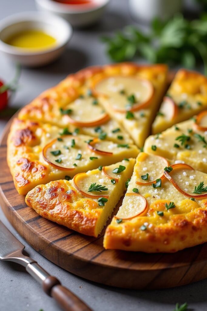 Golden pizza topped with fresh herbs and thin potato slices on wooden board, surrounded by dipping sauces.