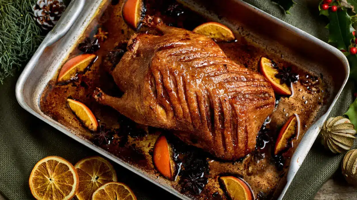 Roasted duck with orange slices and star anise in a baking tray, surrounded by festive greenery and decor.