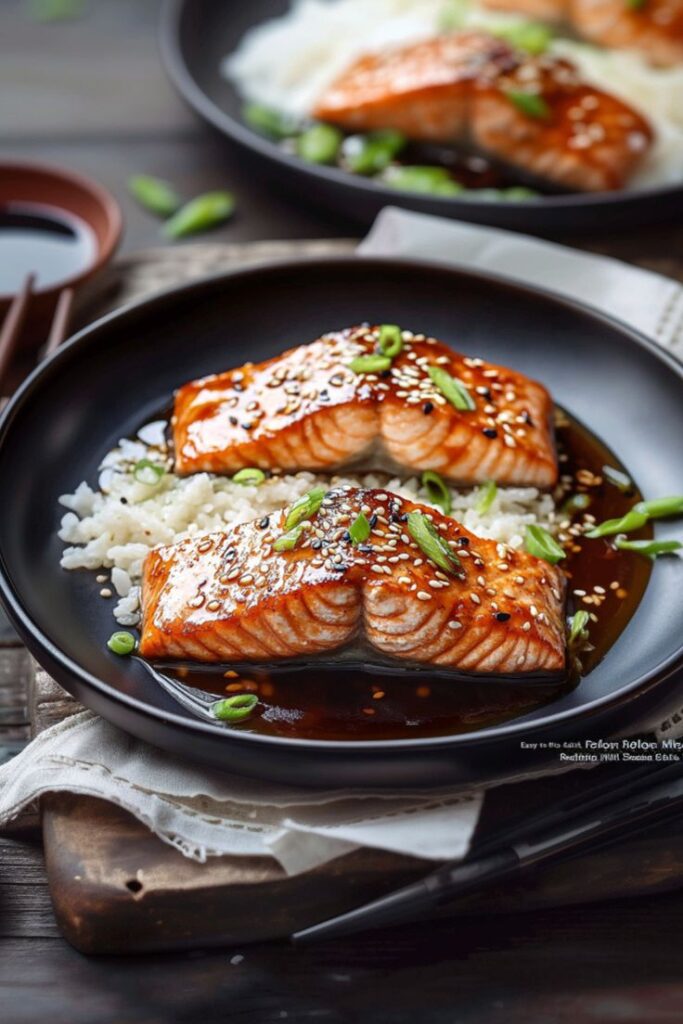 Dish of glazed salmon with sesame seeds and green onions on rice, served in a black bowl.