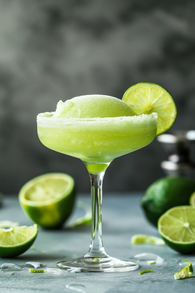 Frozen lime margarita in a salt-rimmed glass with lime wedge garnish. Refreshing cocktail on a gray background.