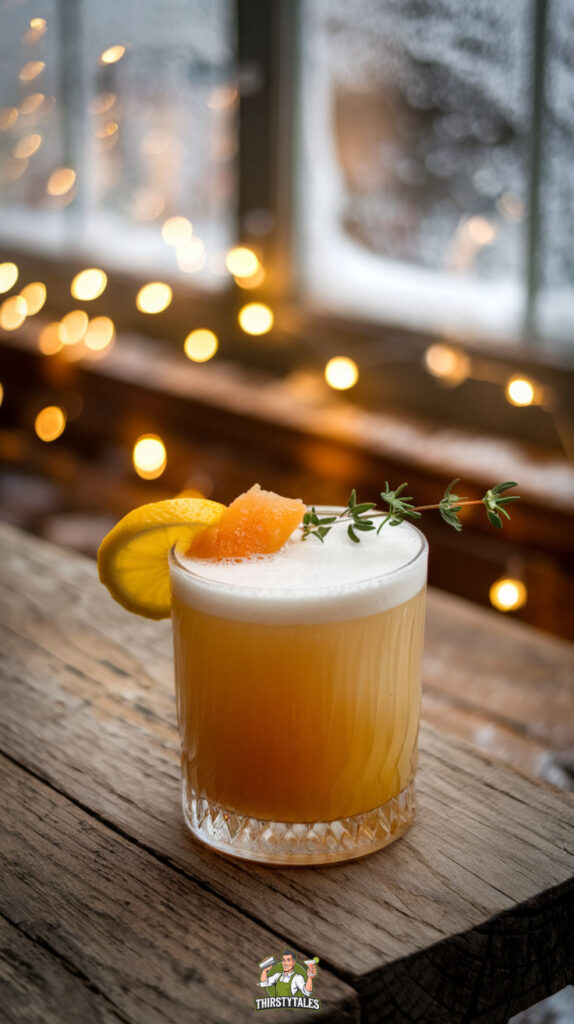 Refreshing cocktail with citrus and herbs on a rustic table, glowing bokeh lights in the background.