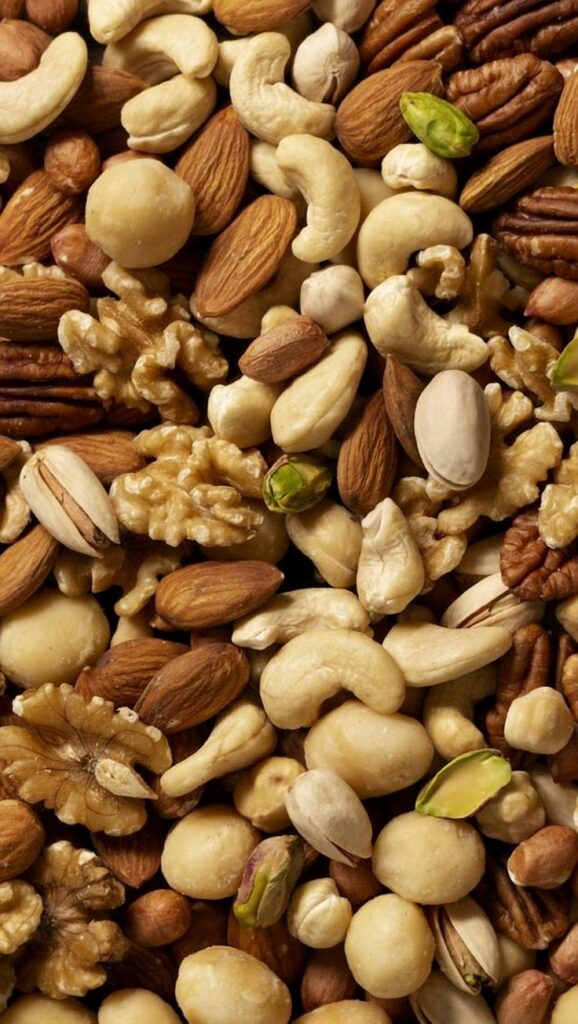 Mixed nuts assortment including almonds, cashews, walnuts, and pistachios. Healthy snack option rich in nutrients.