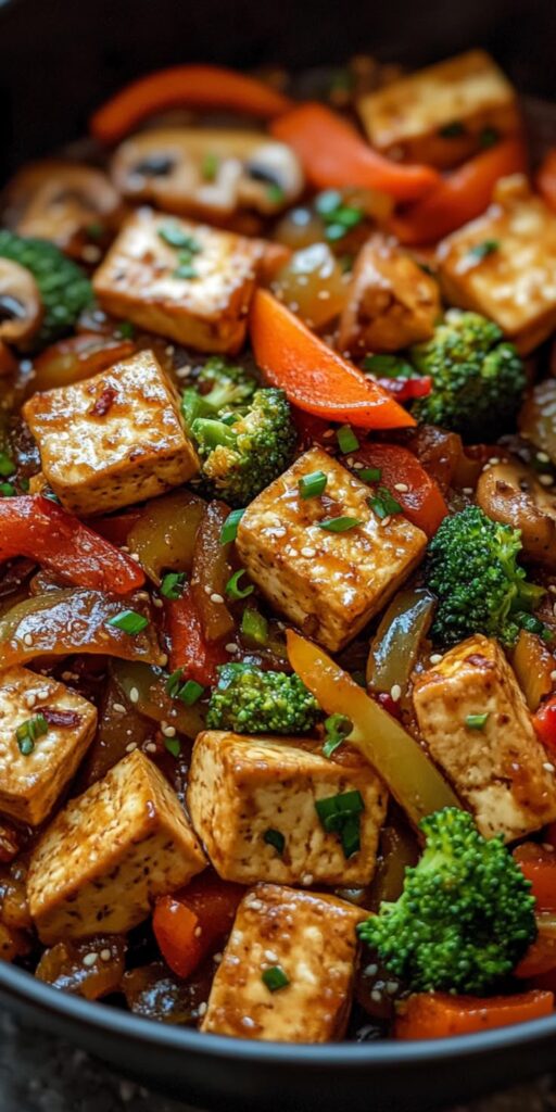 Stir-fried tofu with broccoli, red peppers, and mushrooms in a savory sauce, garnished with green onions and sesame seeds.