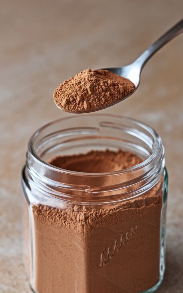 Spoonful of cocoa powder over a jar, highlighting rich, aromatic chocolate flavor for baking or beverages.
