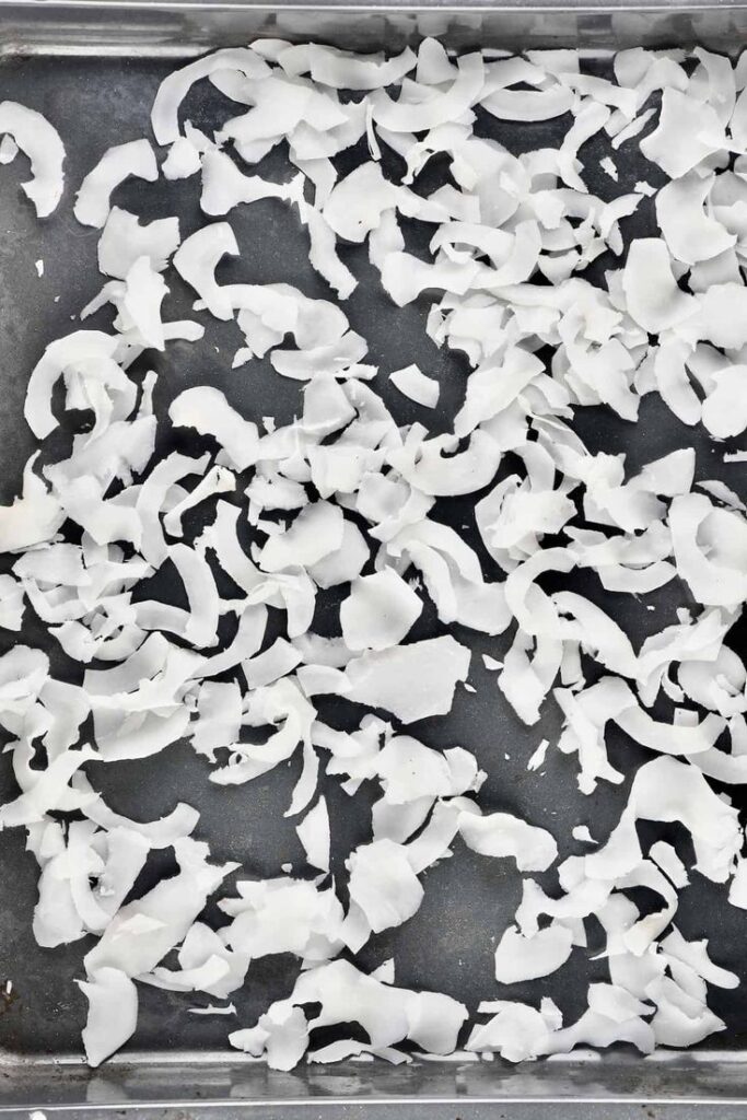 Shredded coconut flakes scattered on a dark baking tray background.