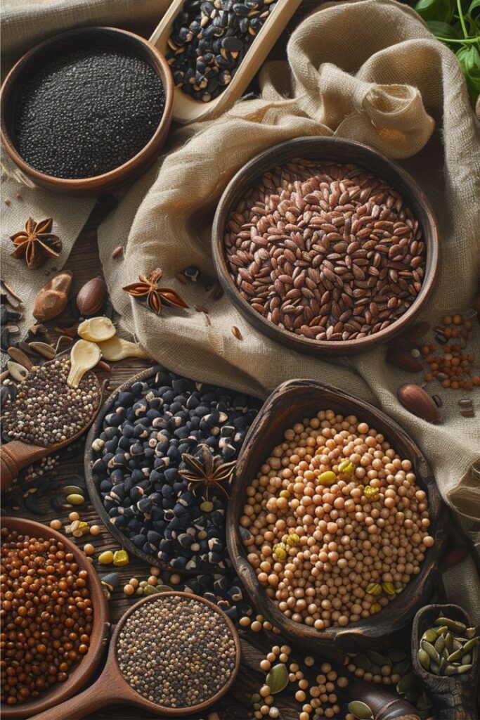 Assorted seeds and spices in wooden bowls on a rustic cloth backdrop, showcasing variety and texture.