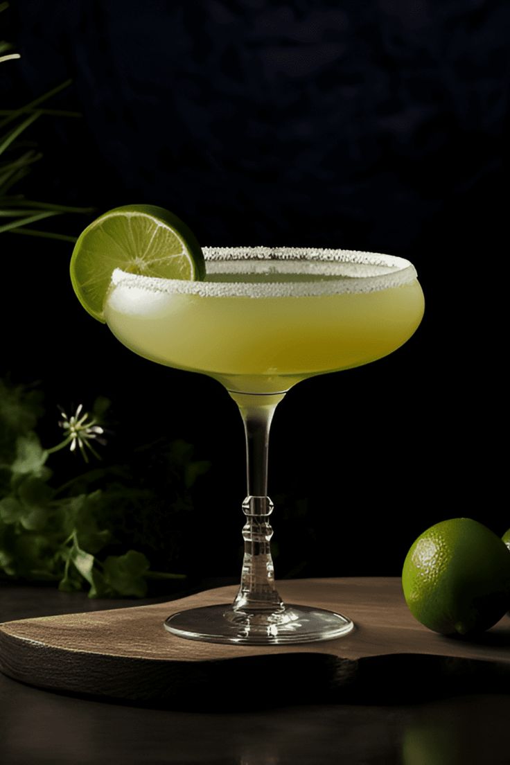 Refreshing margarita cocktail garnished with lime on a wooden board, perfect for a summer evening drink.