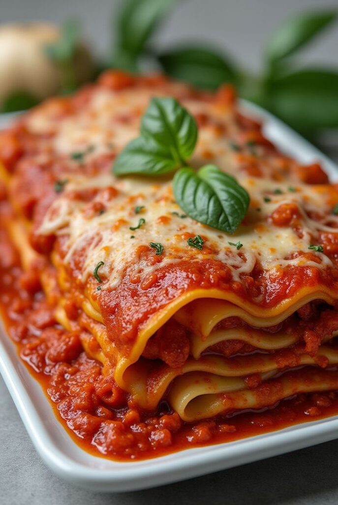 Delicious homemade lasagna with rich tomato sauce and basil garnish on a white platter.
