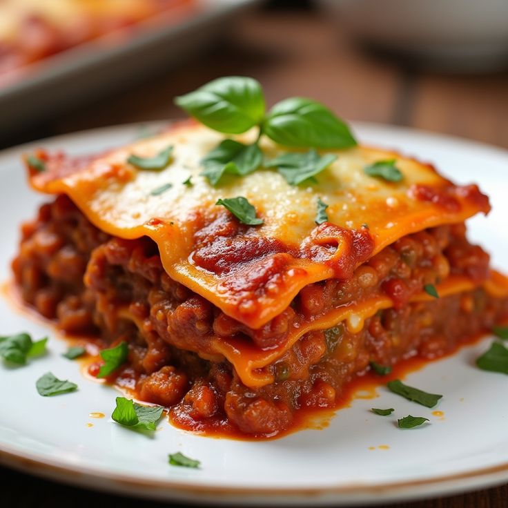 Delicious homemade lasagna with tomato sauce and fresh basil garnish on a white plate.