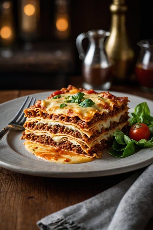 Delicious homemade lasagna with layers of cheese and meat sauce, garnished with basil, served on a rustic wooden table.