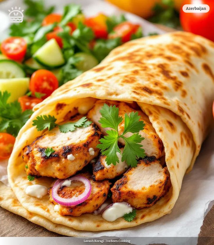 Grilled chicken lavash wrap with fresh vegetables and herbs, showcasing Azerbaijani cuisine.