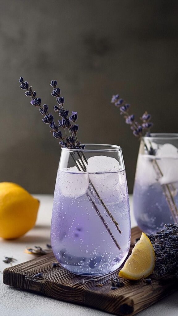 Chilled lavender lemonade with ice and lemon slices on rustic wooden board. Refreshing summer drink.