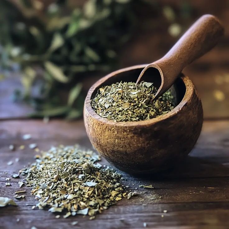 Wooden bowl with dried green herbs and wooden spoon on rustic table.