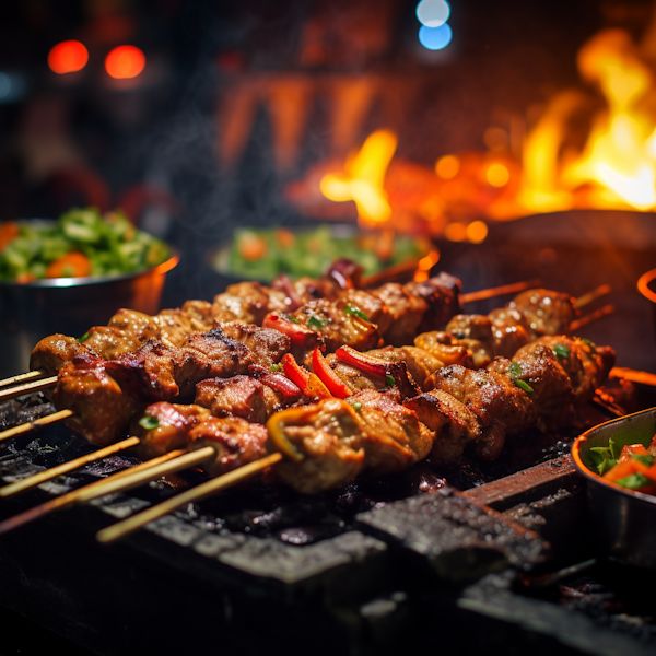 Grilled skewers with veggies on open flame, vibrant colors, and smoky flavors at night barbecue.