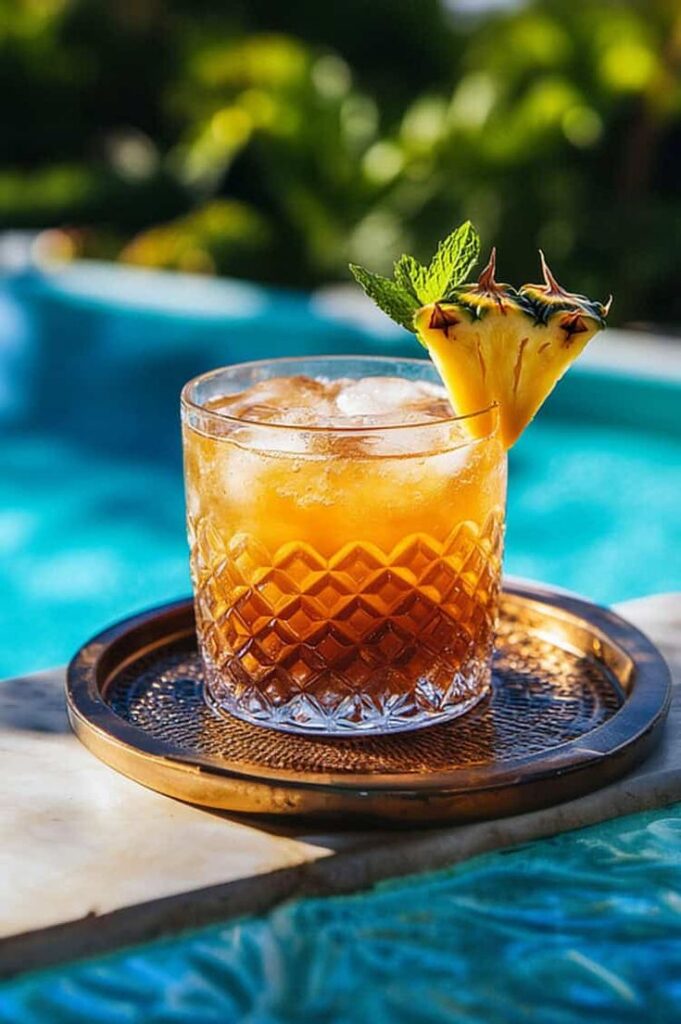 Chilled tropical cocktail with pineapple garnish and mint by the pool on a sunny day. Perfect for summer relaxation.