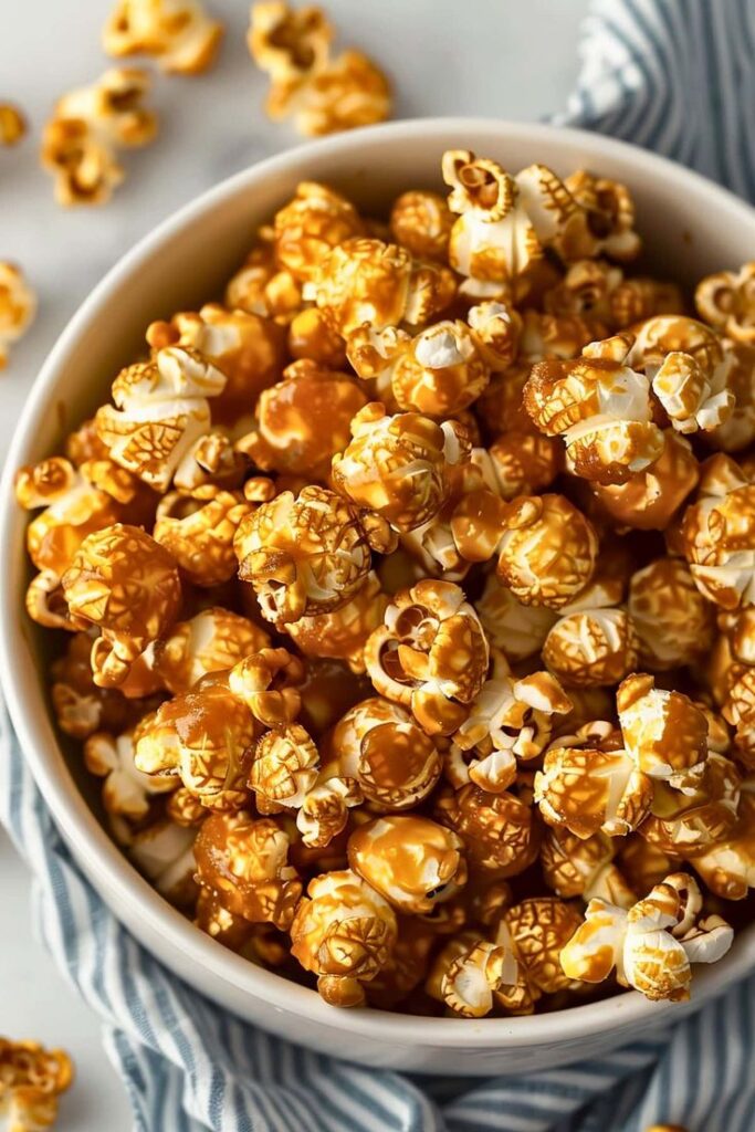 Bowl of delicious caramel popcorn with a striped napkin, perfect for a sweet snack or movie night treat.