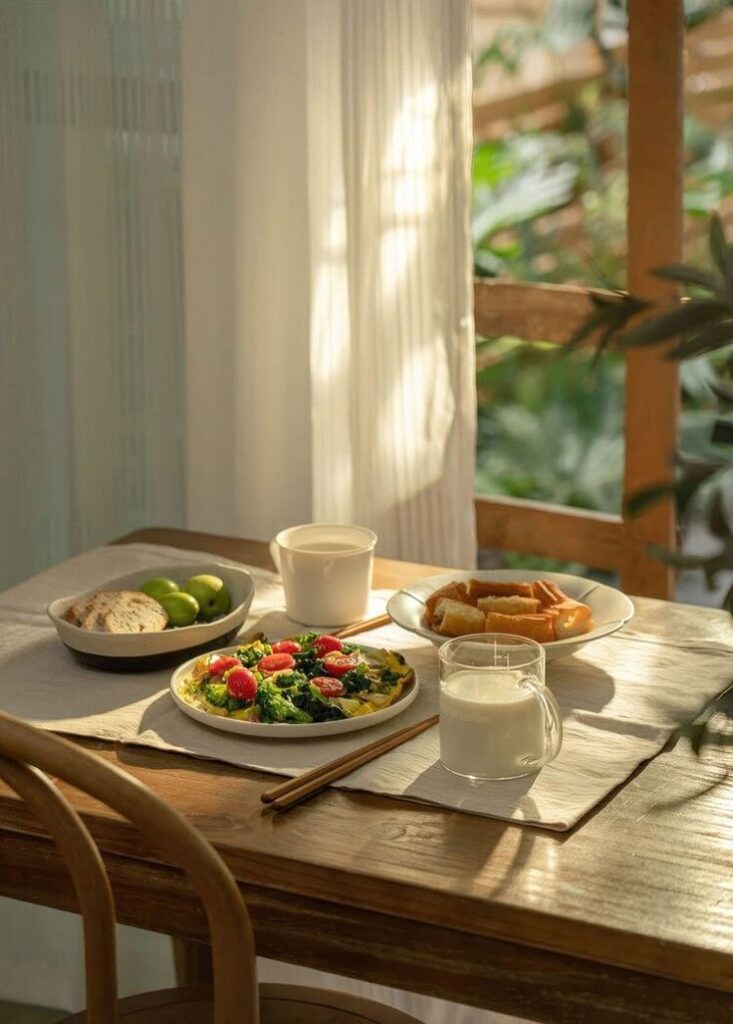 Cozy breakfast scene with omelet, bread, and milk on a sunlit wooden table by a window with sheer curtains.