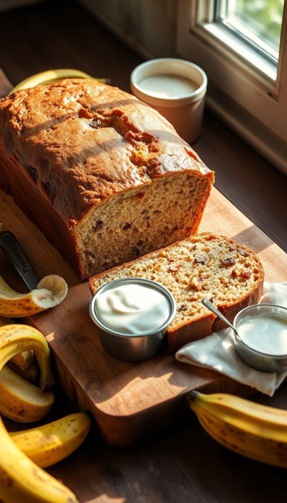 Freshly baked banana bread with sliced bread, bananas, and yogurt on a wooden board by a sunny window.