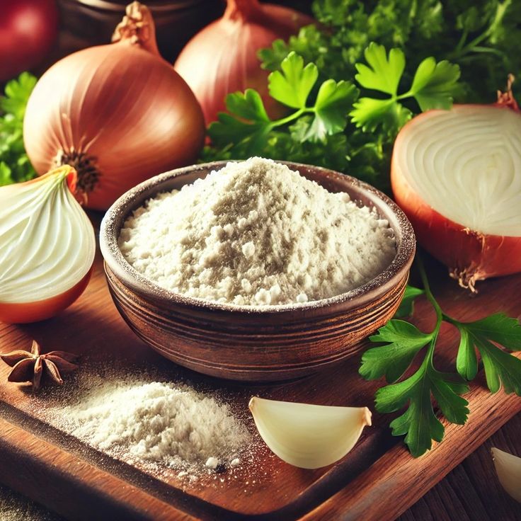 Bowl of onion powder surrounded by fresh onions and parsley on a wooden board.