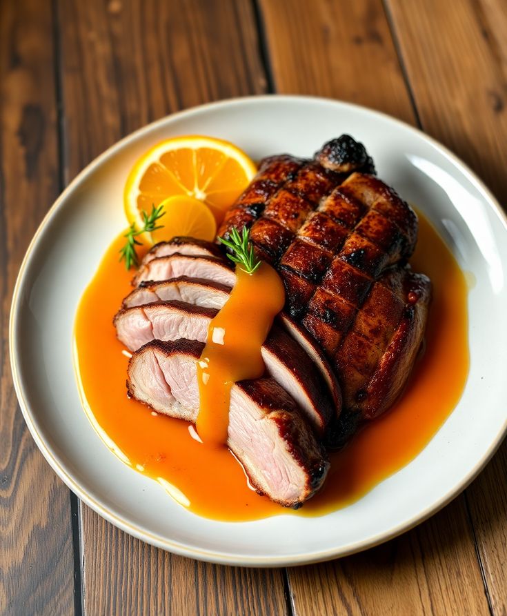Grilled duck breast with orange sauce on a plate, garnished with rosemary and a slice of orange.