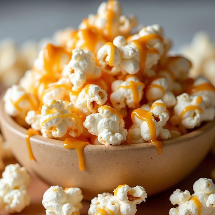 Bowl of popcorn drizzled with caramel sauce, creating a delicious sweet and salty snack.