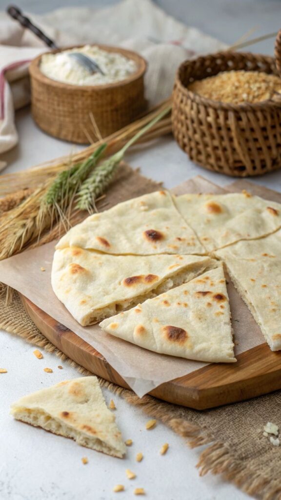 Sliced flatbread on a wooden board with grains and flour in baskets, rustic kitchen setting.