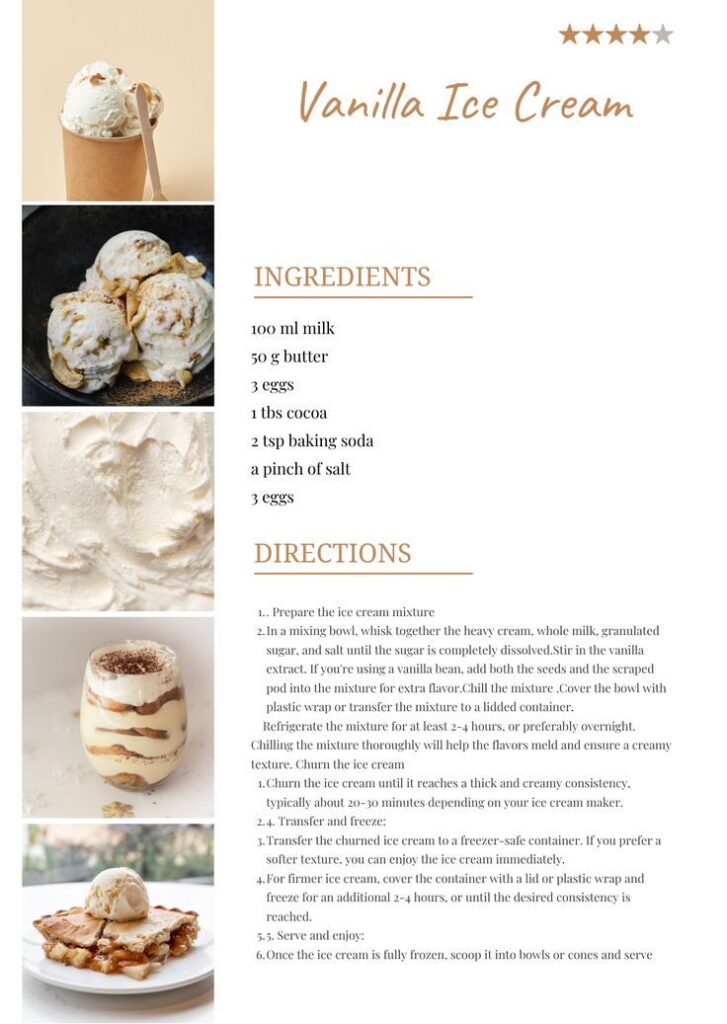 Vanilla ice cream recipe with ingredients and step-by-step directions. Perfect for a creamy homemade dessert.