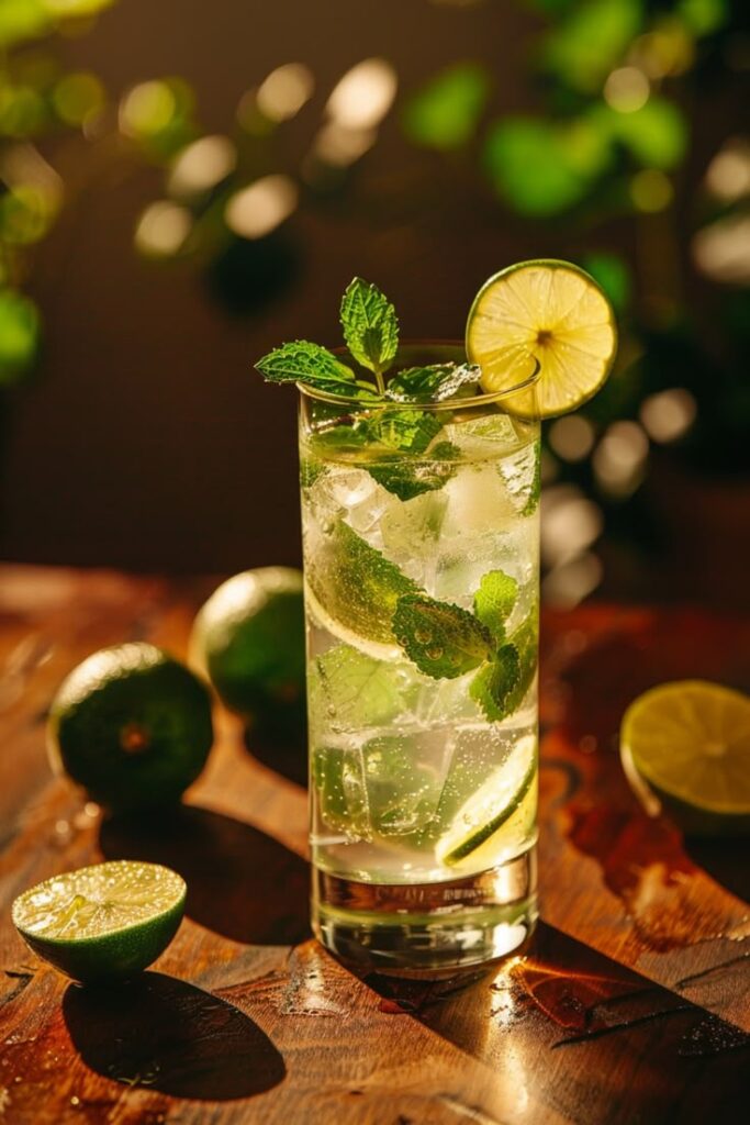 Refreshing mojito cocktail with lime and mint, served on a wooden table in sunlight.