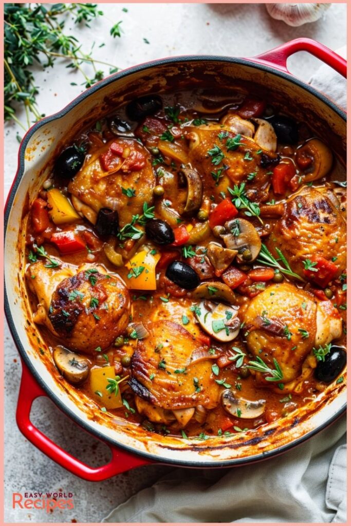 Hearty chicken cacciatore with mushrooms and vegetables in a red pan, garnished with fresh herbs.