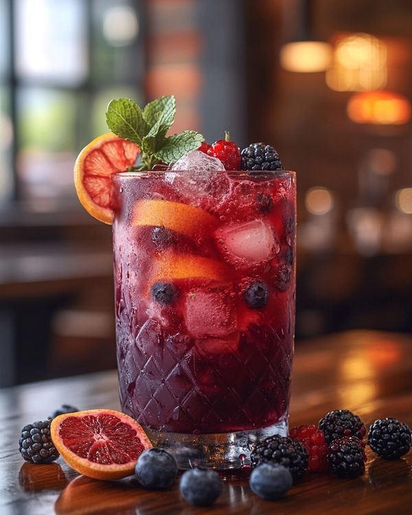 Refreshing berry cocktail with citrus slices, garnished with mint, served on a rustic table in cozy ambient lighting.