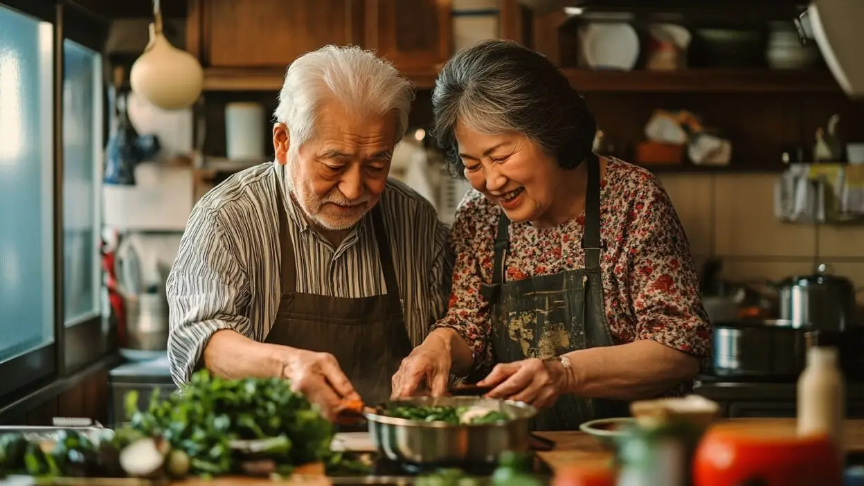 Elderly couple joyfully cooking together in a cozy kitchen, surrounded by fresh vegetables and cookware.