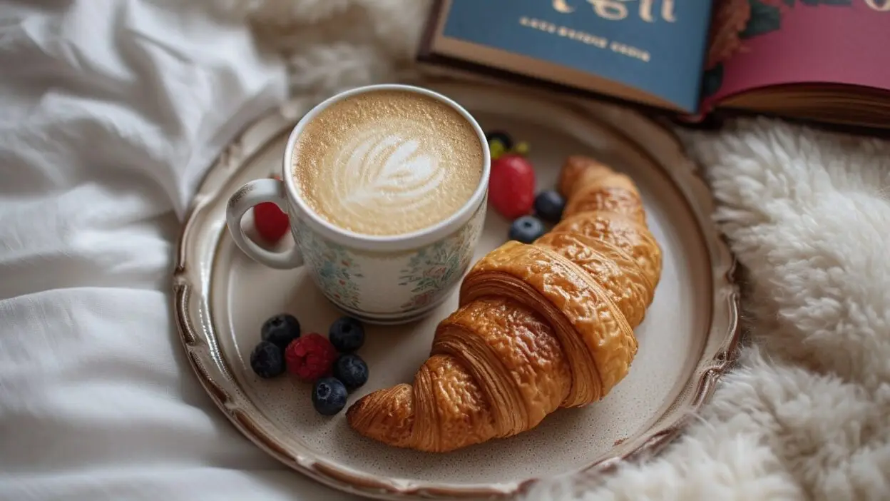 Cozy breakfast scene with a croissant, berries, and a latte in bed, accompanied by a book on a tray.