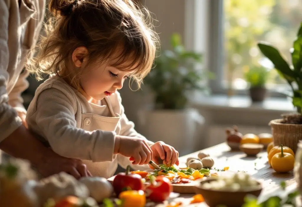 Child helps an adult prepare colorful vegetables in a sunlit kitchen, enjoying a bonding cooking experience.
