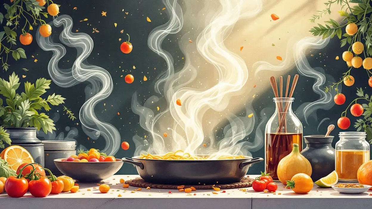 Steaming pasta with fresh tomatoes, herbs, and spices on a kitchen counter, surrounded by vibrant produce.