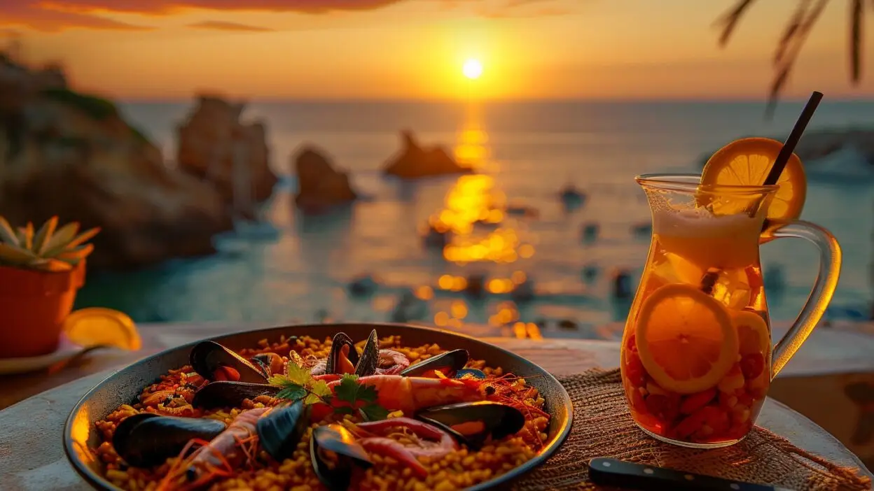 Seafood paella and sangria on a table with ocean sunset view.