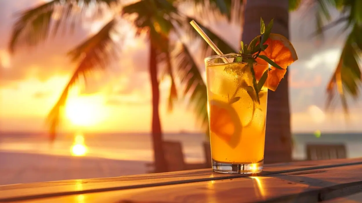 Refreshing tropical drink on a wooden table at sunset by the beach, palm trees in the background.