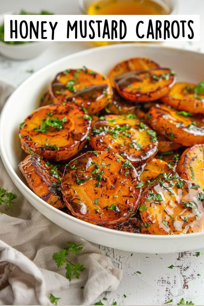 Honey mustard glazed carrots in a white bowl garnished with fresh herbs.