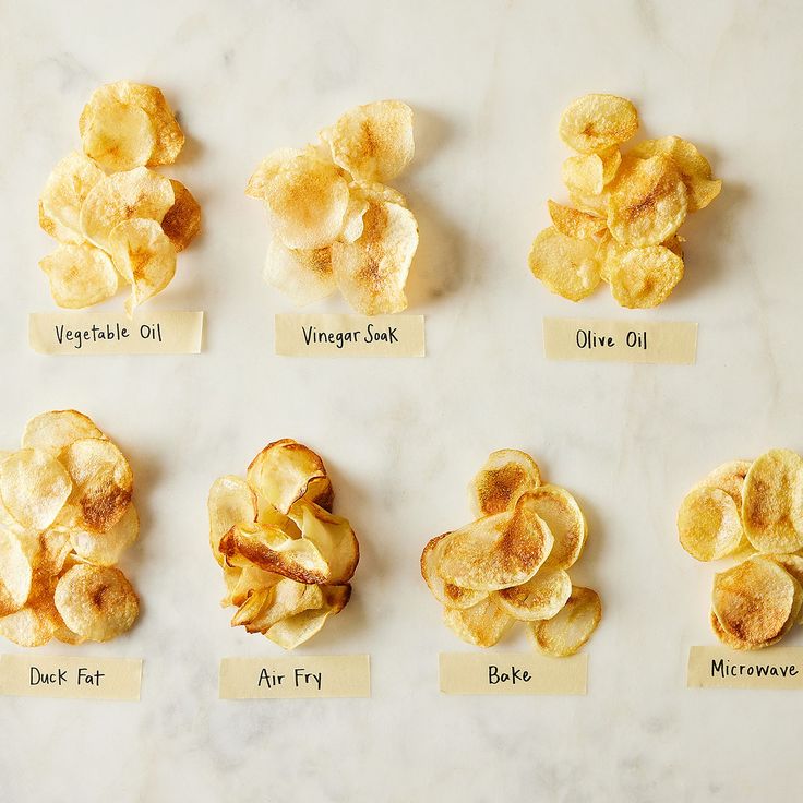 Homemade potato chips cooked with vegetable oil, vinegar soak, olive oil, duck fat, air fry, bake, and microwave.