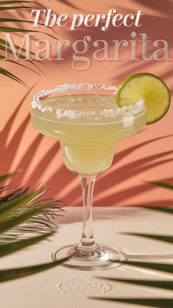 Chilled margarita with lime slice and salt rim in a glass against a warm peach background, tropical vibes.