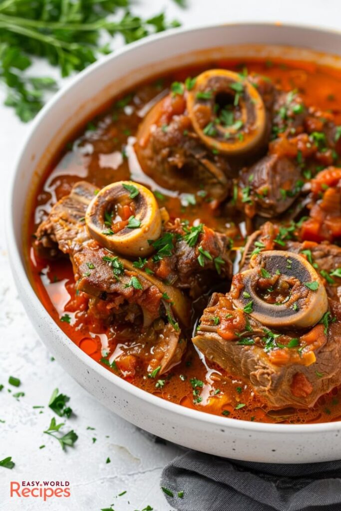 Delicious osso buco in a rich tomato sauce, garnished with fresh parsley, served in a white bowl.
