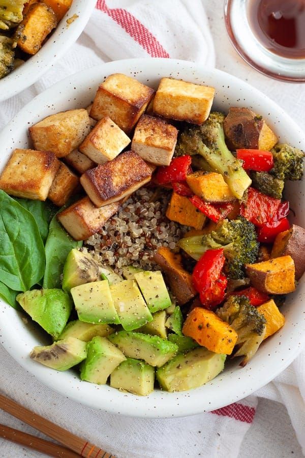 Healthy vegan buddha bowl with tofu, quinoa, avocado, spinach, sweet potatoes, and bell peppers, perfect for lunch.