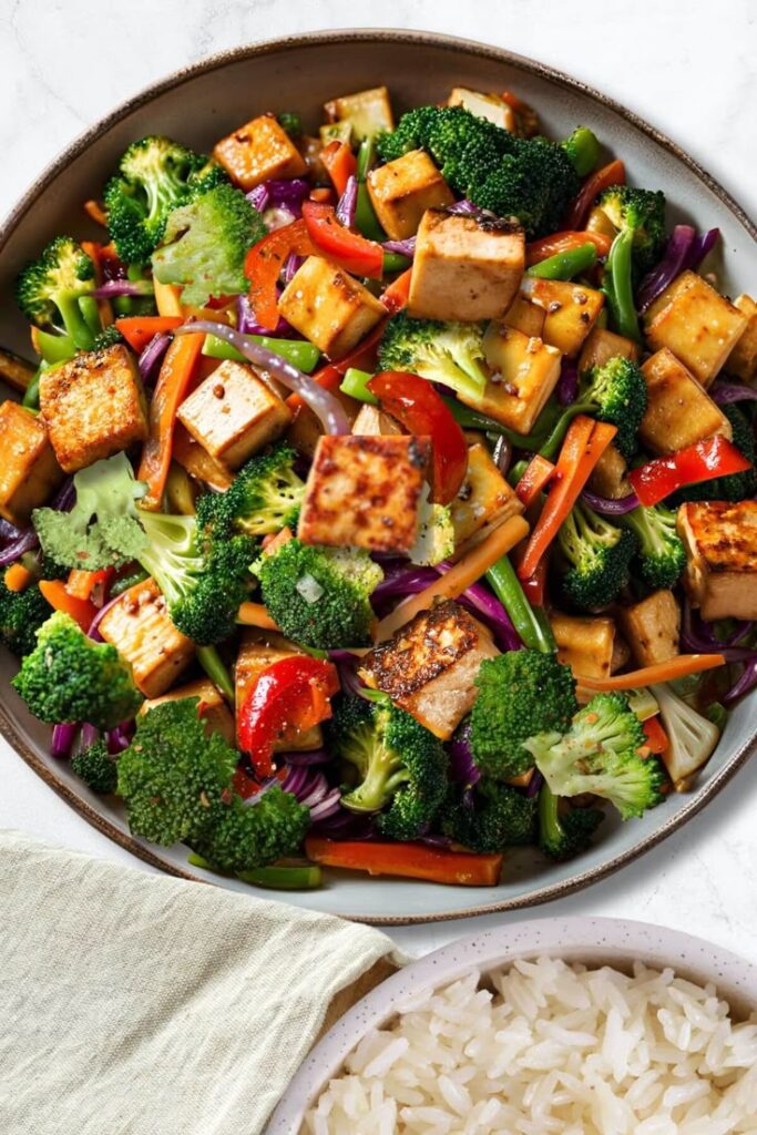 Vibrant tofu vegetable stir-fry with broccoli, peppers, and carrots in a bowl, served with white rice.