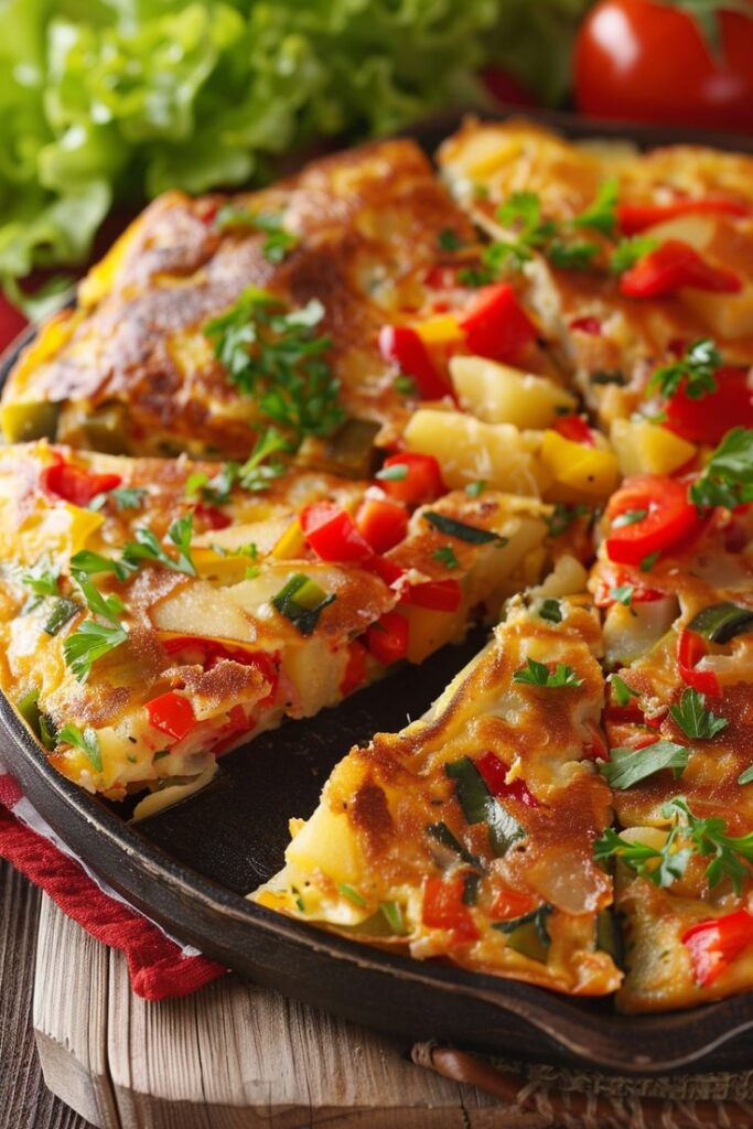Delicious frittata with bell peppers, potatoes, and fresh herbs in a skillet, perfect for a healthy breakfast.