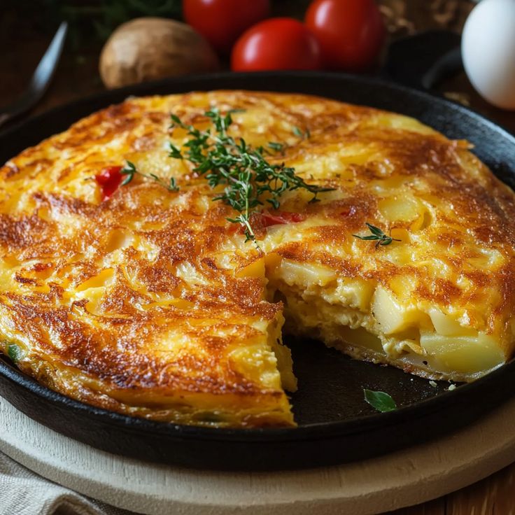 Golden Spanish tortilla with herbs in a cast iron pan, garnished with fresh tomatoes and eggs in the background.