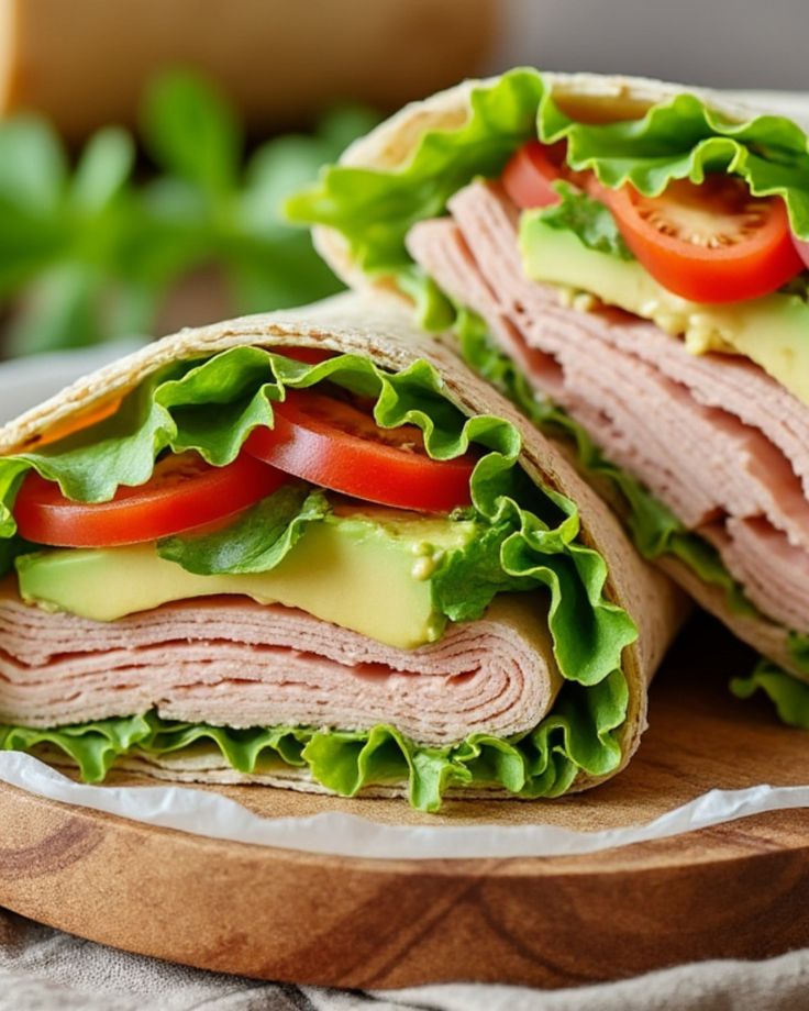 Fresh turkey wrap with lettuce, tomato, and avocado on a plate. Healthy lunch option with vibrant ingredients.