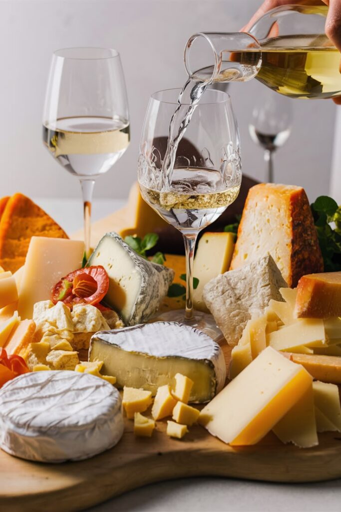 Pouring white wine into glasses with assorted cheeses on a wooden board for a refined tasting experience.