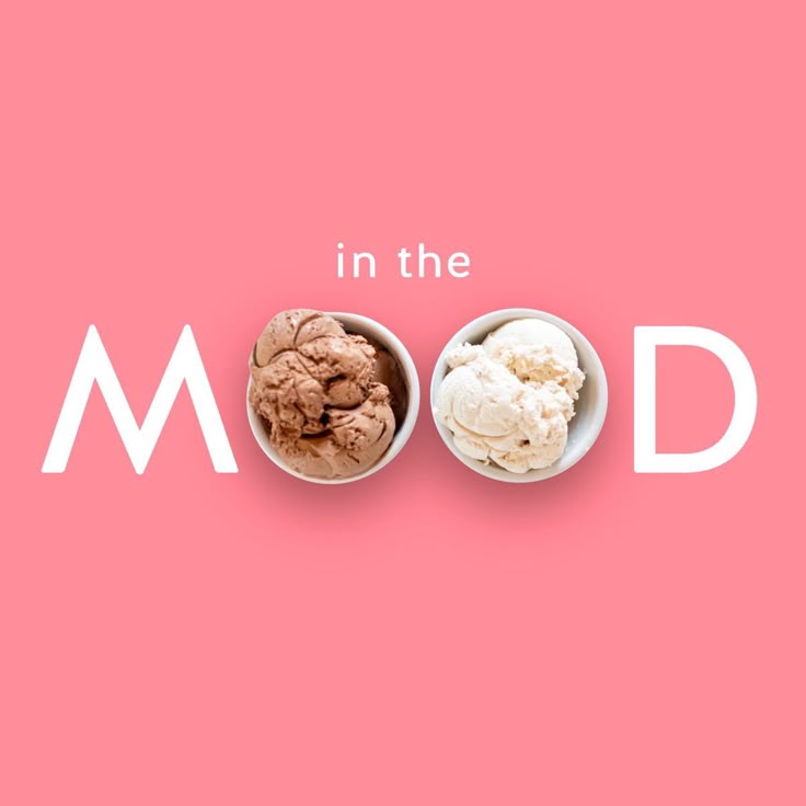 Chocolate and vanilla ice cream scoops form the word MOOD on a pink background.