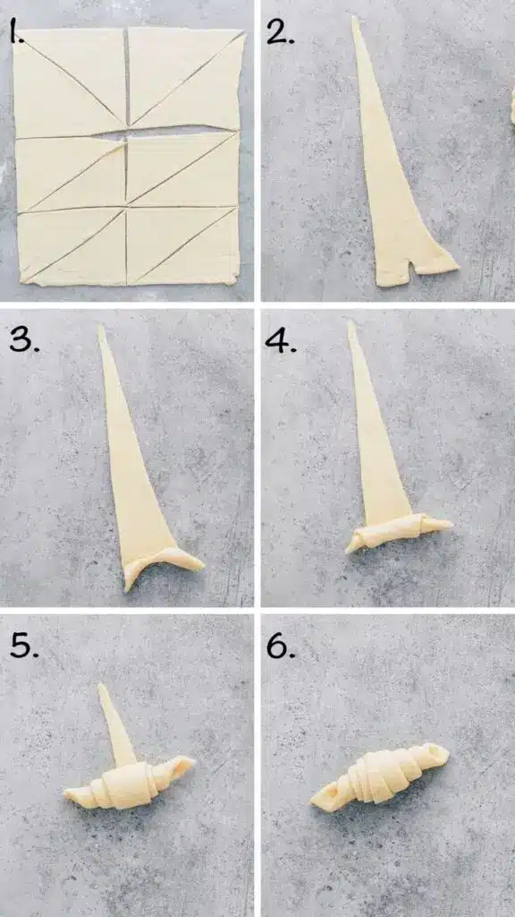 Step-by-step guide to rolling croissant dough from triangle shapes on a gray surface.