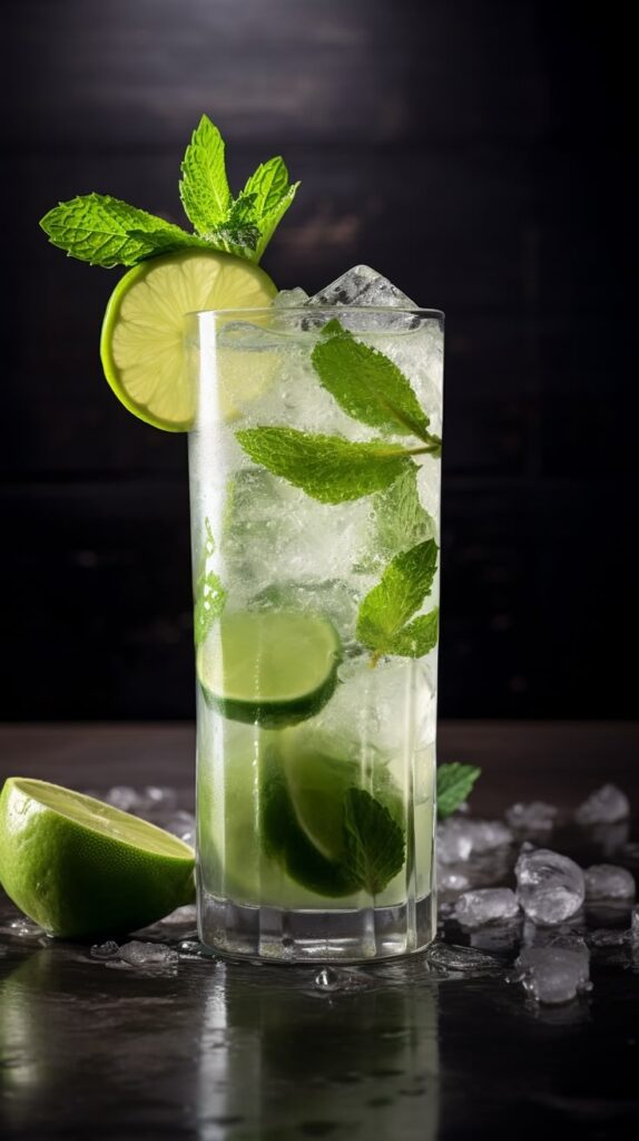 Refreshing mojito cocktail with lime, mint, and ice in a tall glass against a dark background.